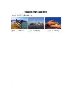 中国最新各大城市人口数量排名