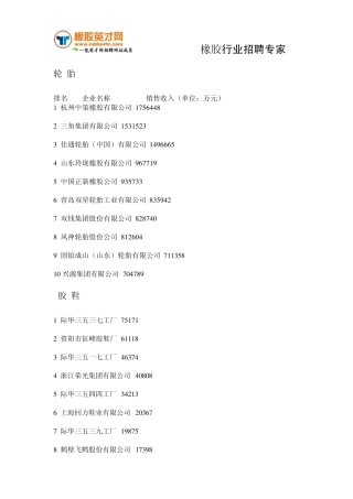 中国橡胶工业协会会员企业2010年度销售收入排行榜