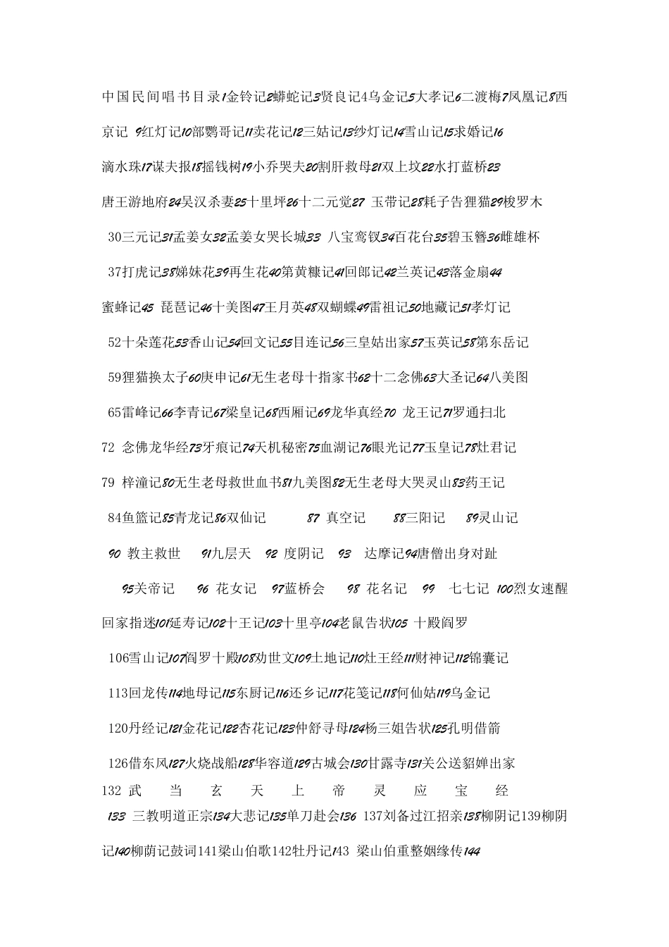 中国民间唱书目录1金铃记2蟒蛇记3贤良记4乌金记5大孝记6二渡梅7凤凰记8西京记9红灯记10部鹦哥_第1页