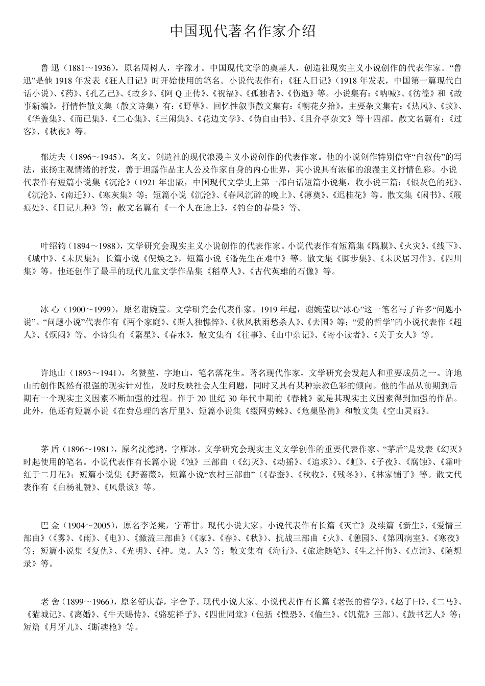 中国现代著名作家介绍_第1页