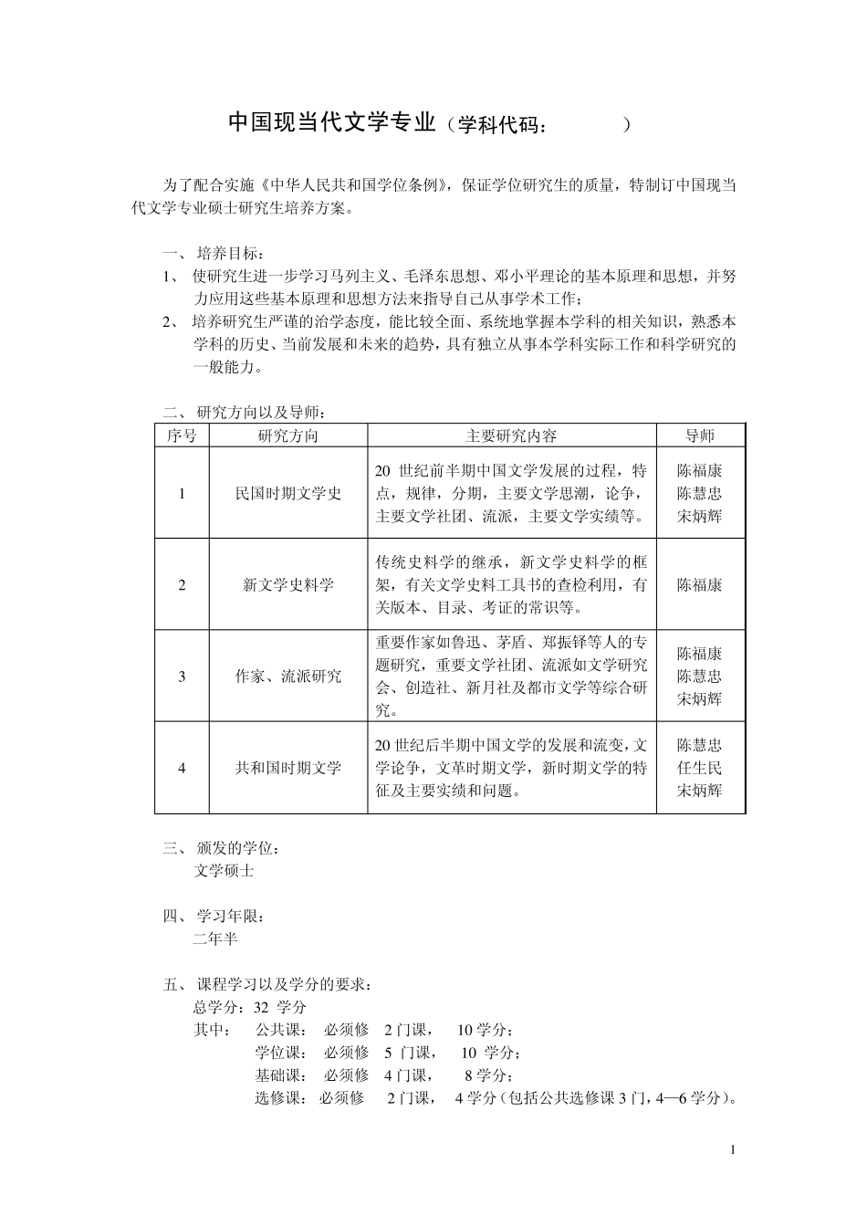 中国现当代文学专业(学科代码050106)_第1页