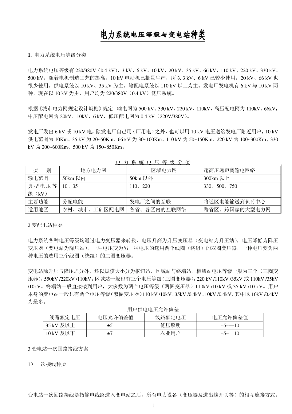 中国电力系统电压等级与变电站种类_第1页