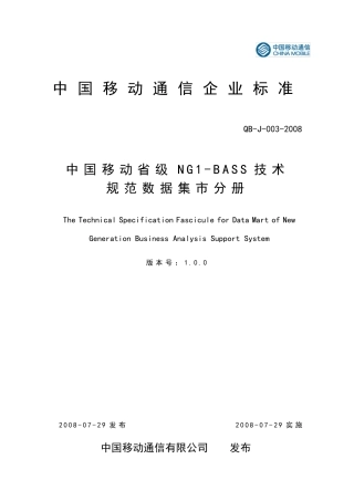 中国移动省级NG1BASS技术规范数据集市分册V1.0.0
