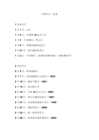 中国节日一览表按月份