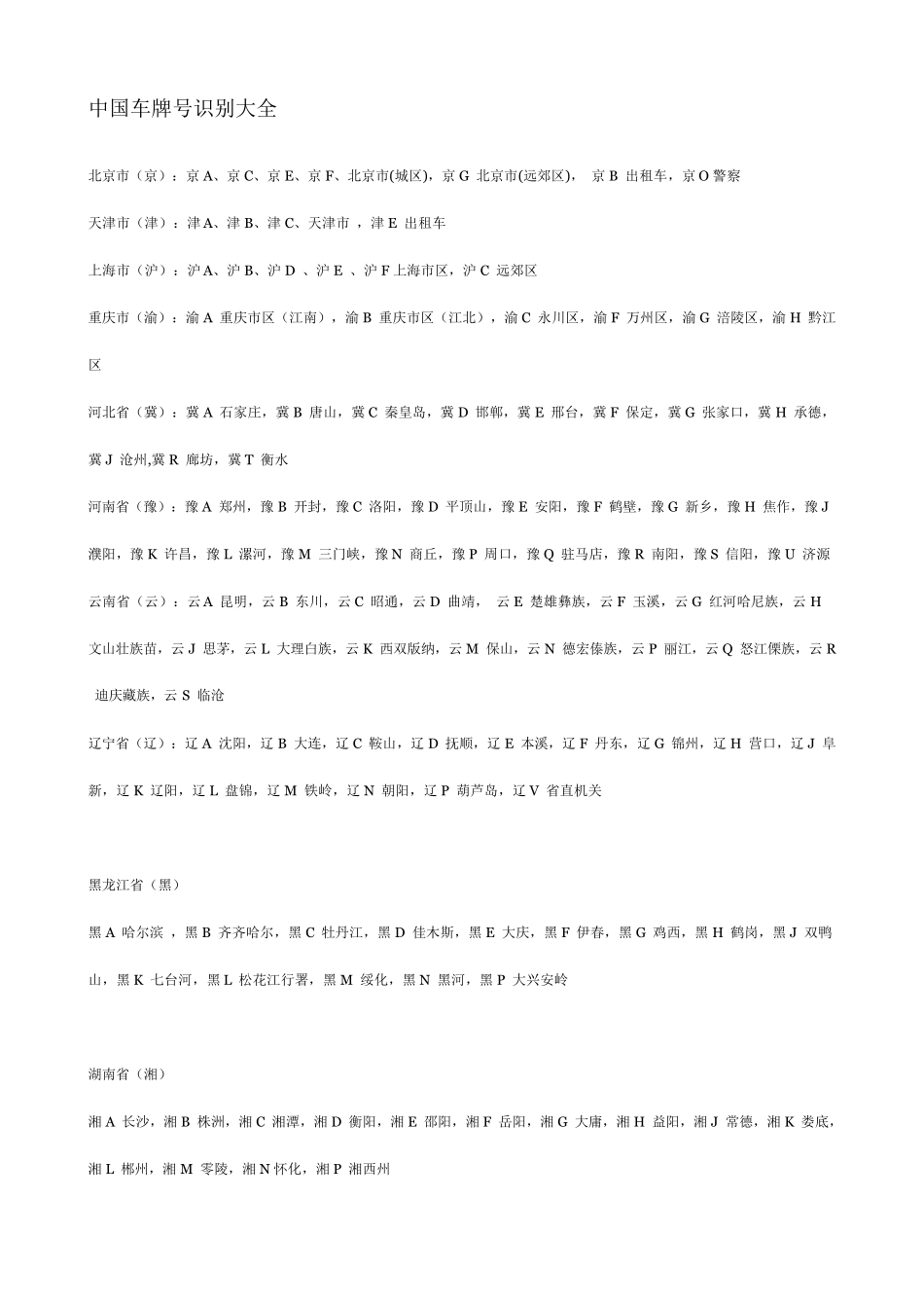 中国车牌号识别大全_第1页