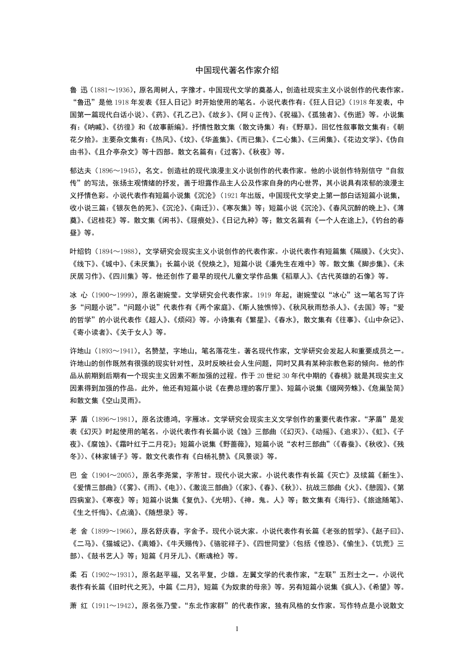 中国近代文学作家及作品_第1页