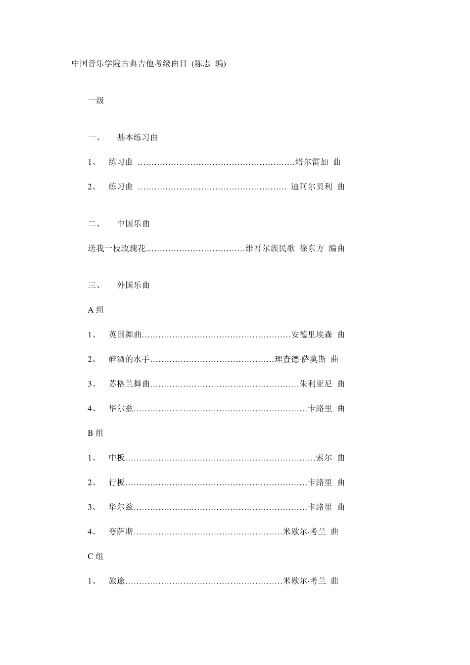 中国音乐学院古典吉他考级曲目_第1页