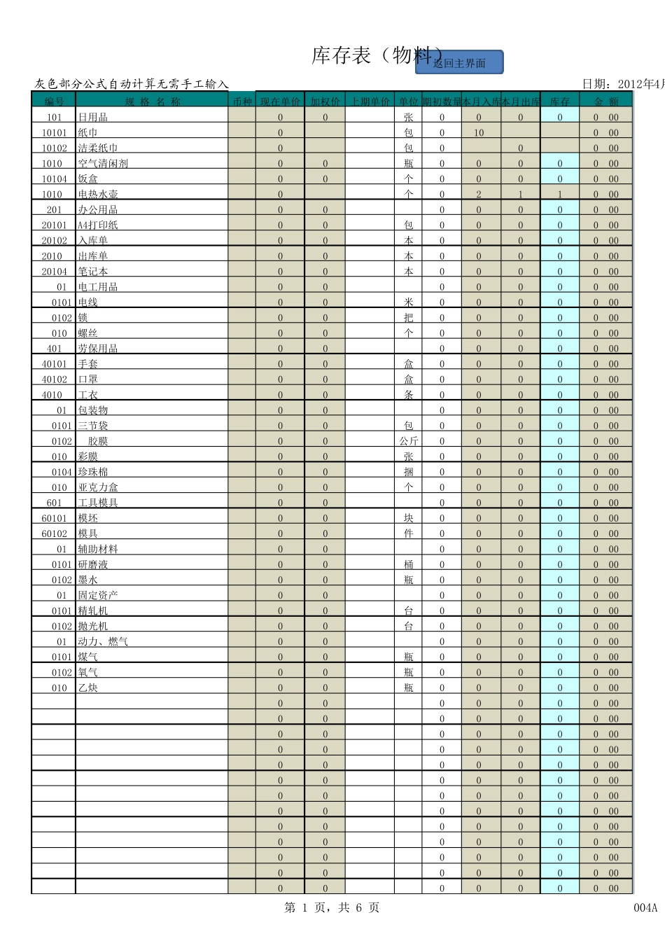仓库原料、辅料进销存表模版(内含公式)_第1页