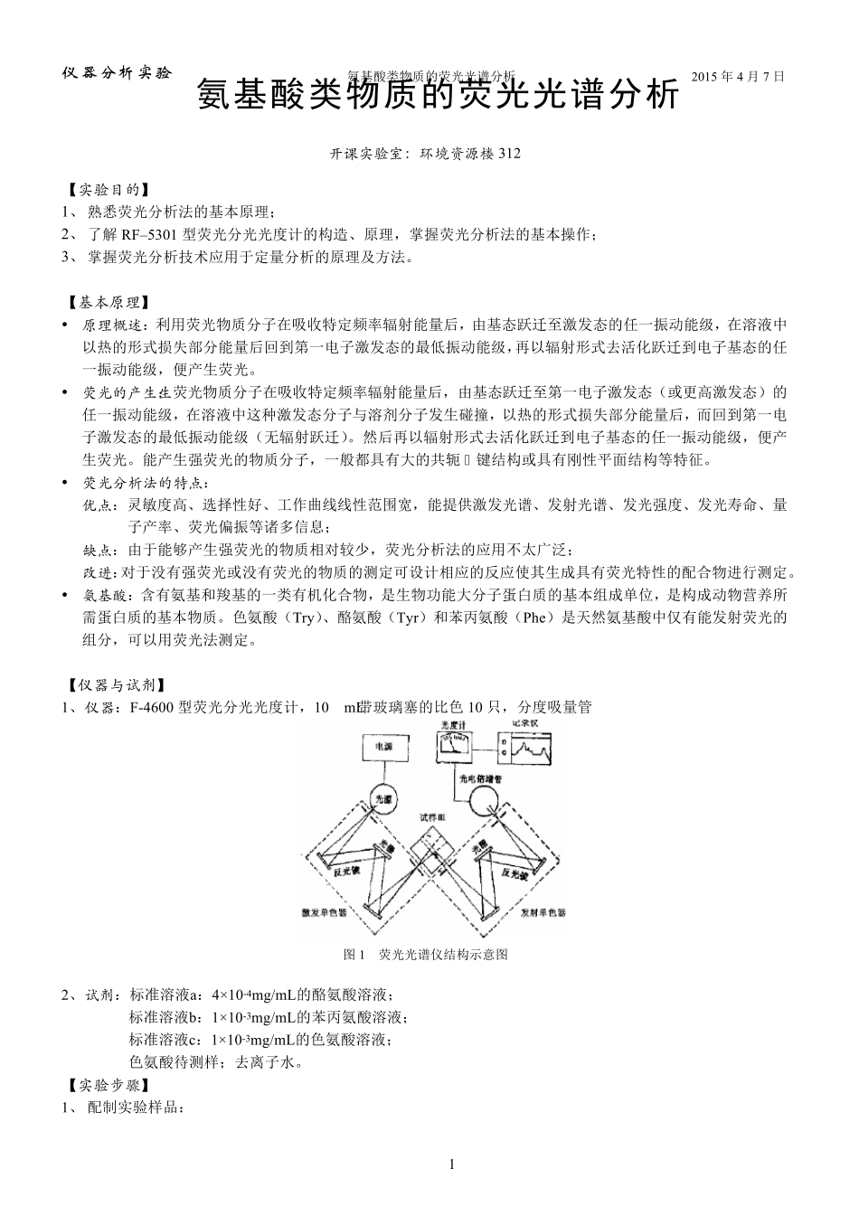 仪器分析实验氨基酸类物质的荧光光谱分析_第1页