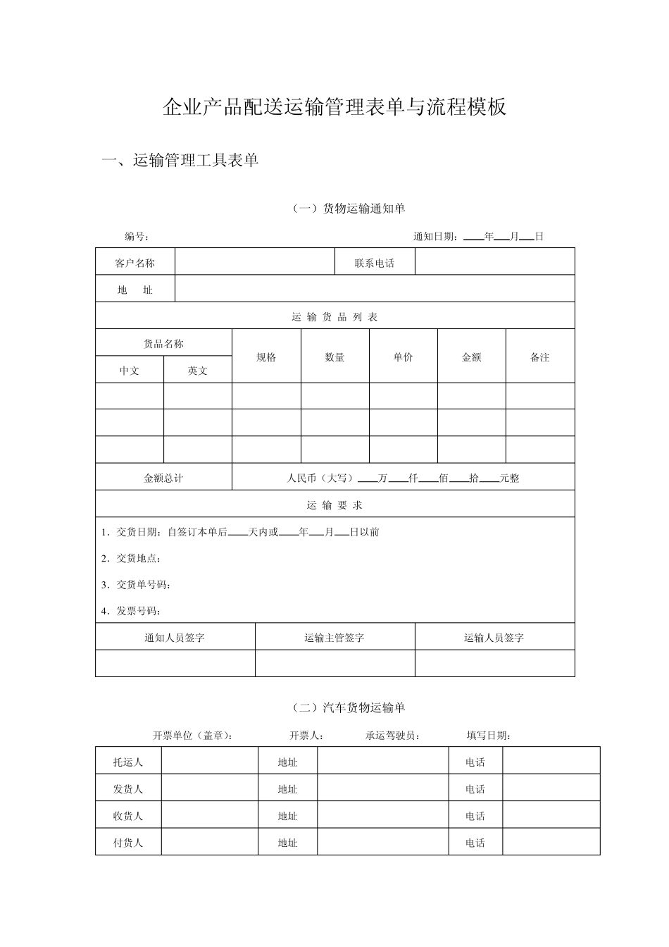 企业产品配送运输管理表单与流程模板_第1页
