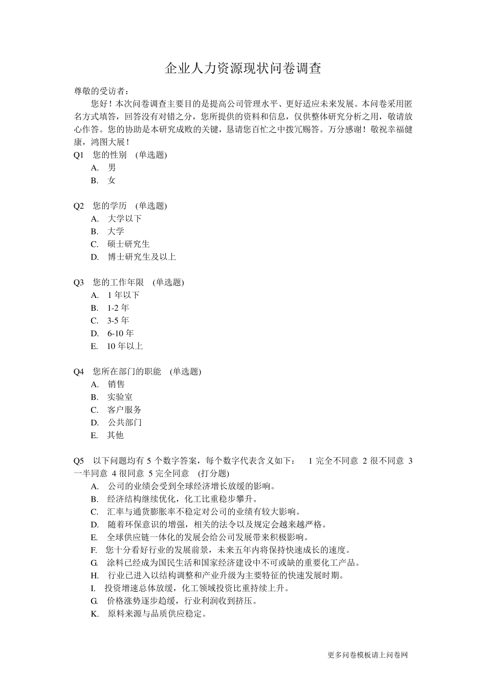 企业人力资源现状问卷调查_第1页