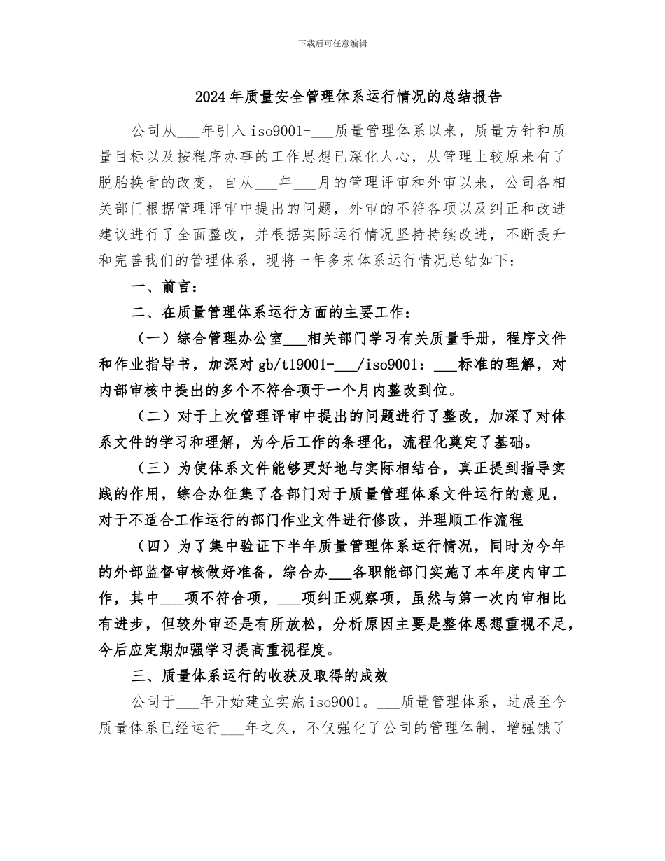 2024年质量安全管理体系运行情况的总结报告_第1页