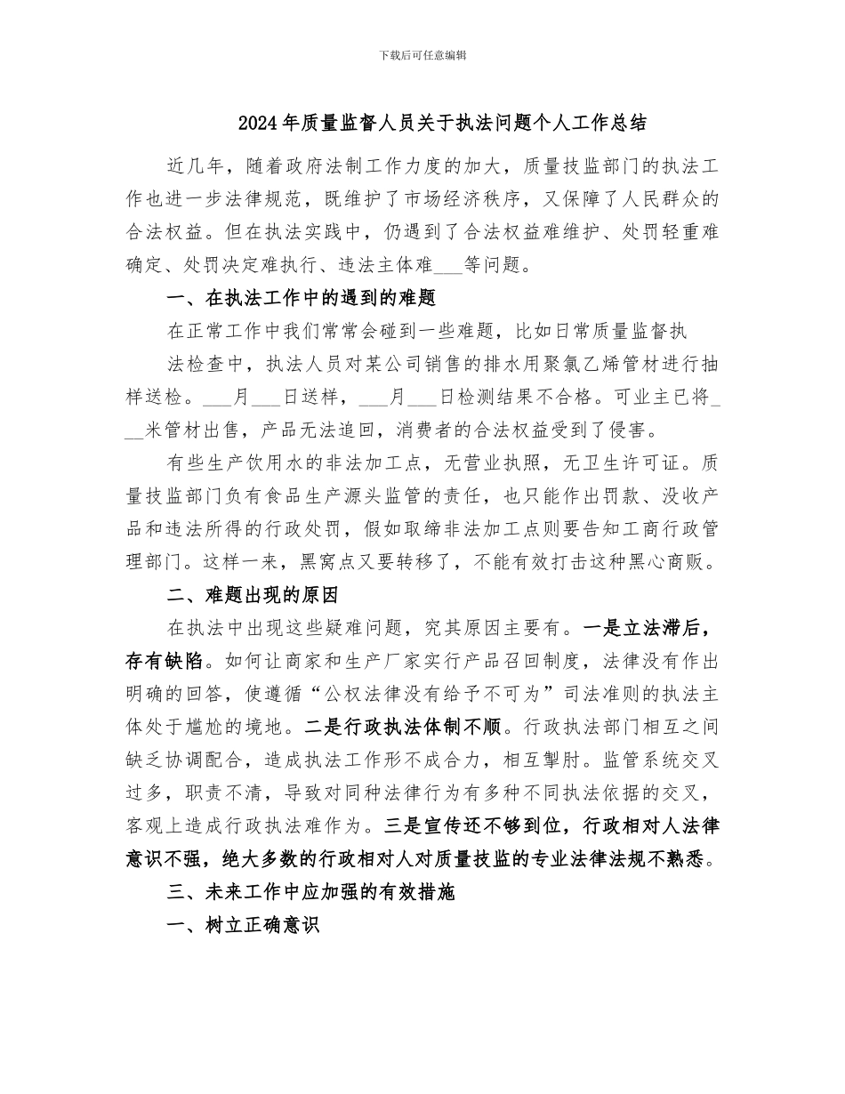 2024年质量监督人员关于执法问题个人工作总结_第1页