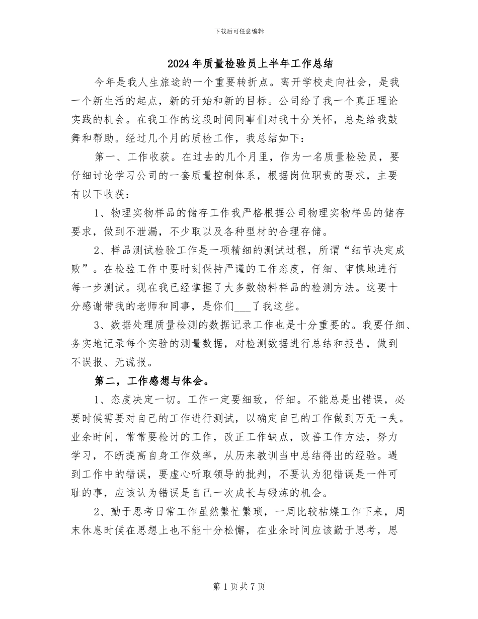 2024年质量检验员上半年工作总结_第1页