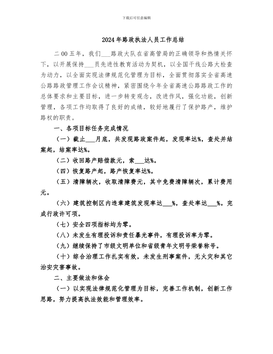 2024年路政执法人员工作总结_第1页
