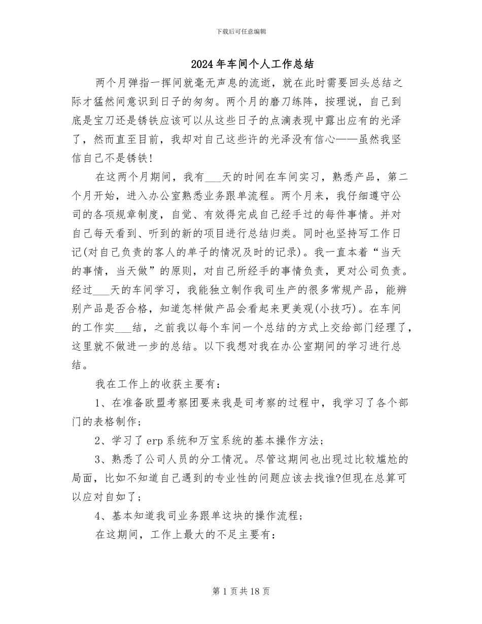2024年车间个人工作总结_第1页