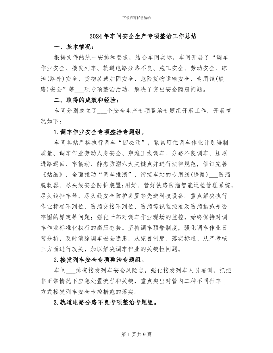 2024年车间安全生产专项整治工作总结_第1页