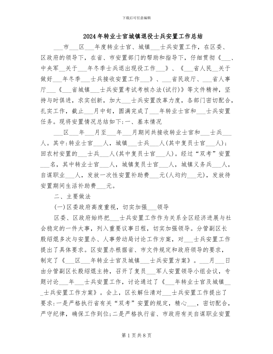 2024年转业士官城镇退役士兵安置工作总结_第1页