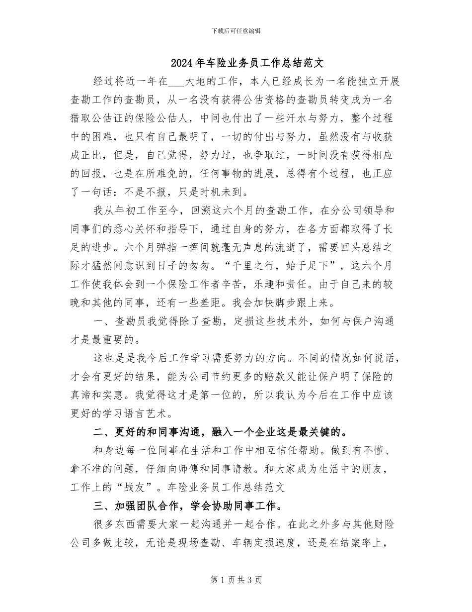 2024年车险业务员工作总结范文_第1页