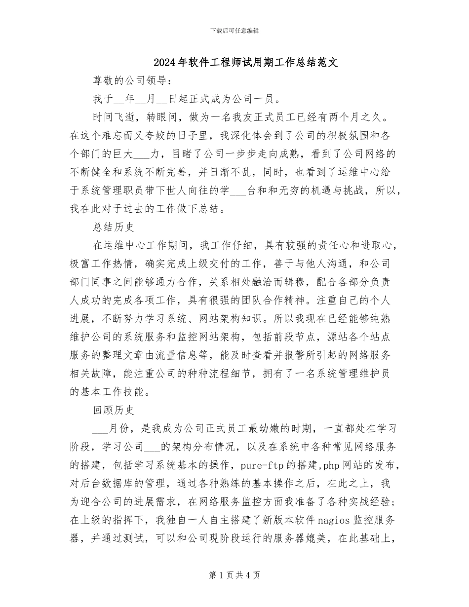 2024年软件工程师试用期工作总结范文_第1页