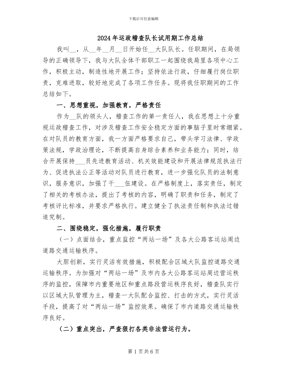 2024年运政稽查队长试用期工作总结_第1页