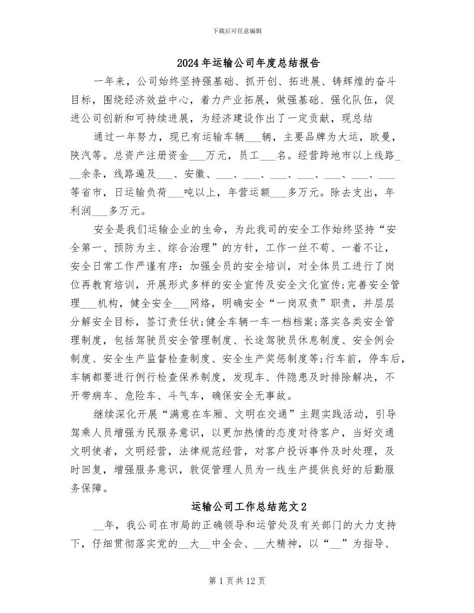 2024年运输公司年度总结报告_第1页