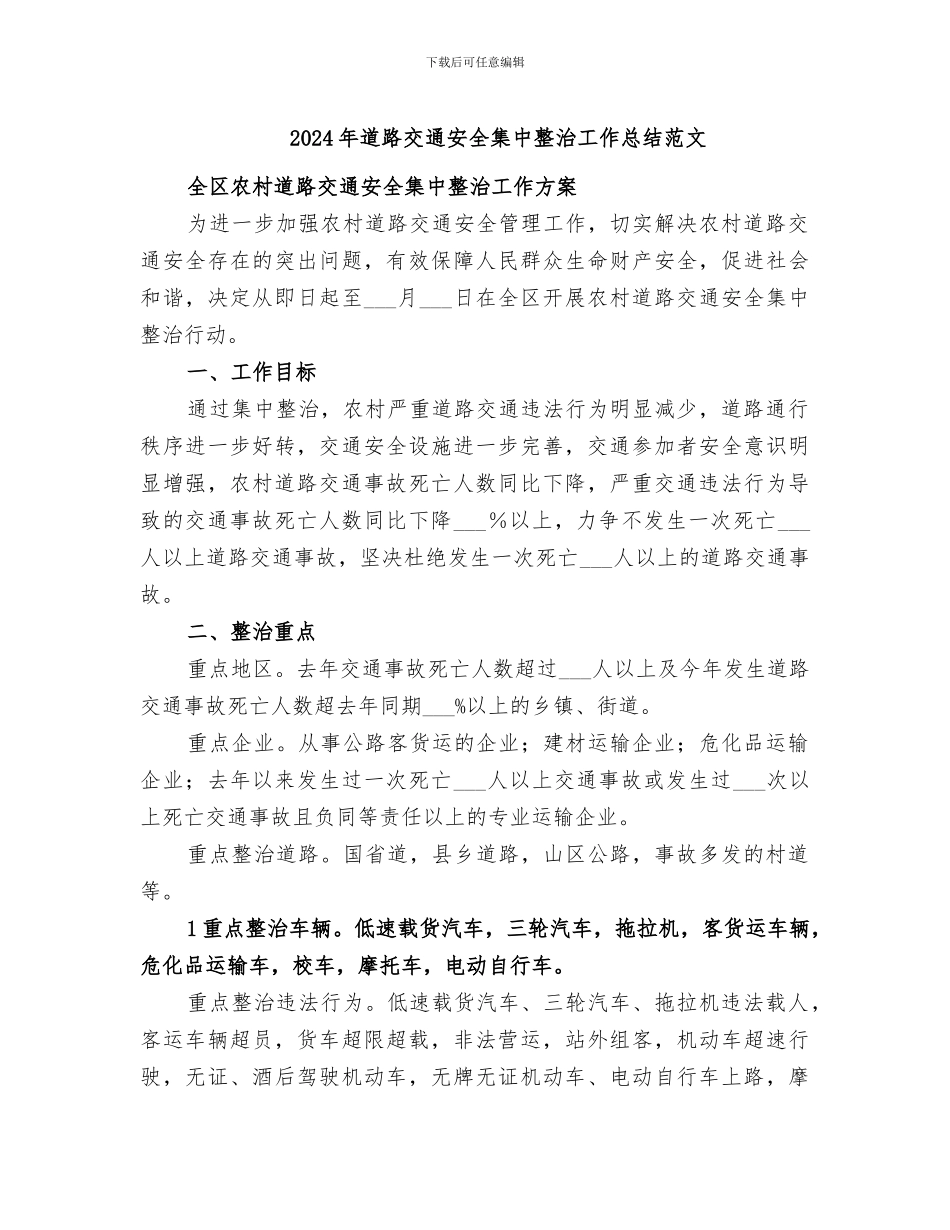2024年道路交通安全集中整治工作总结范文_第1页