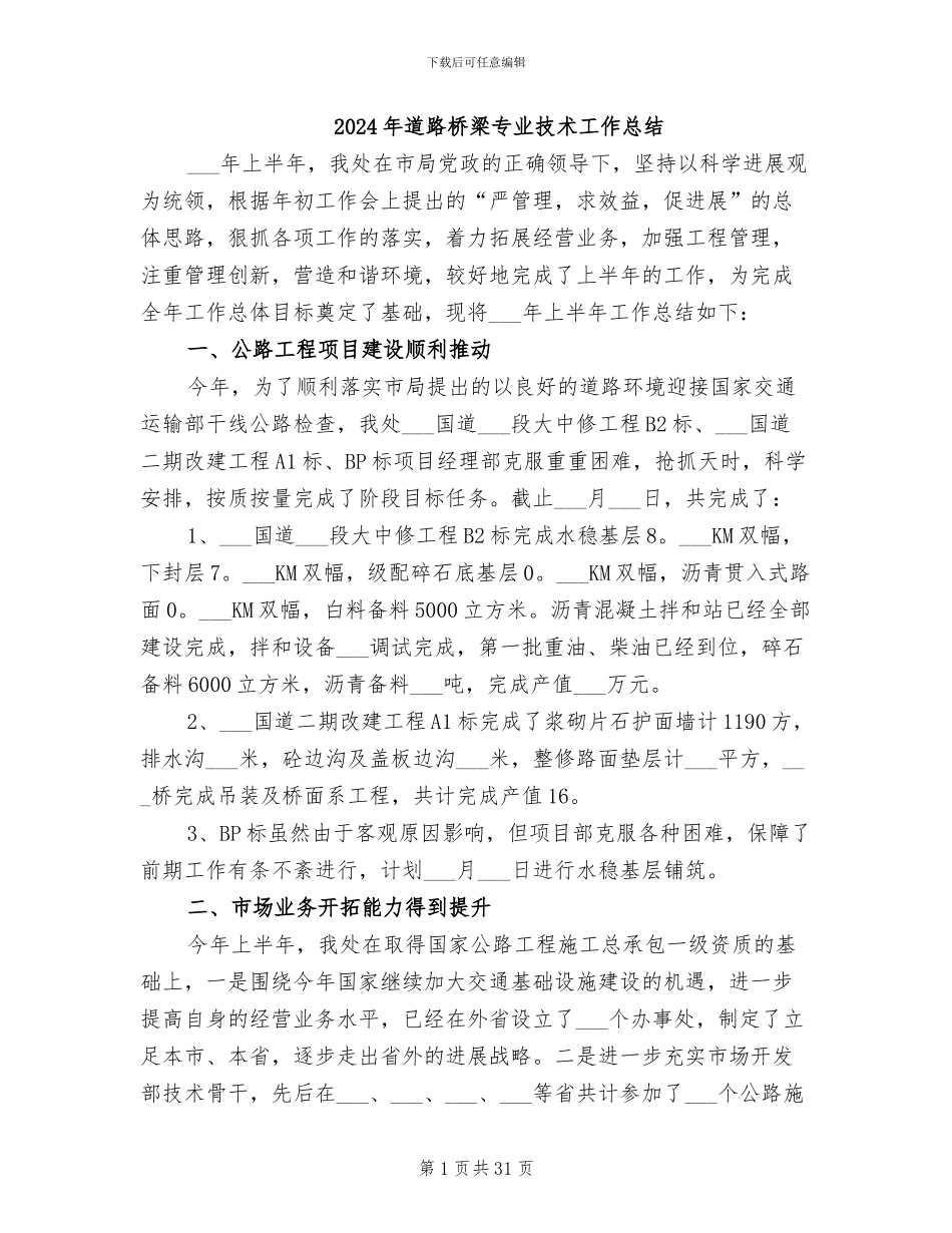 2024年道路桥梁专业技术工作总结_第1页