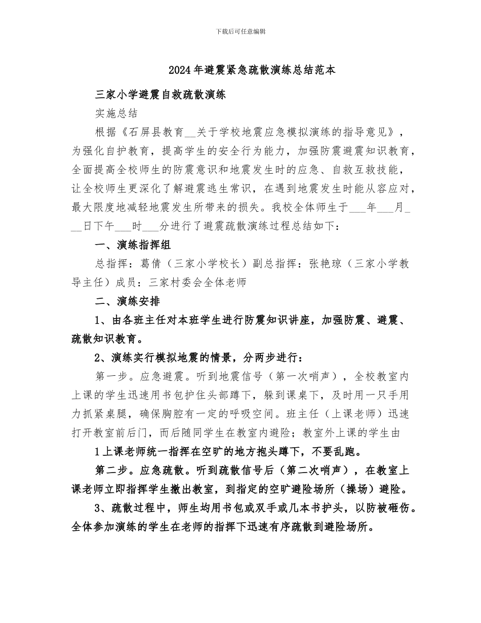 2024年避震紧急疏散演练总结范本_第1页
