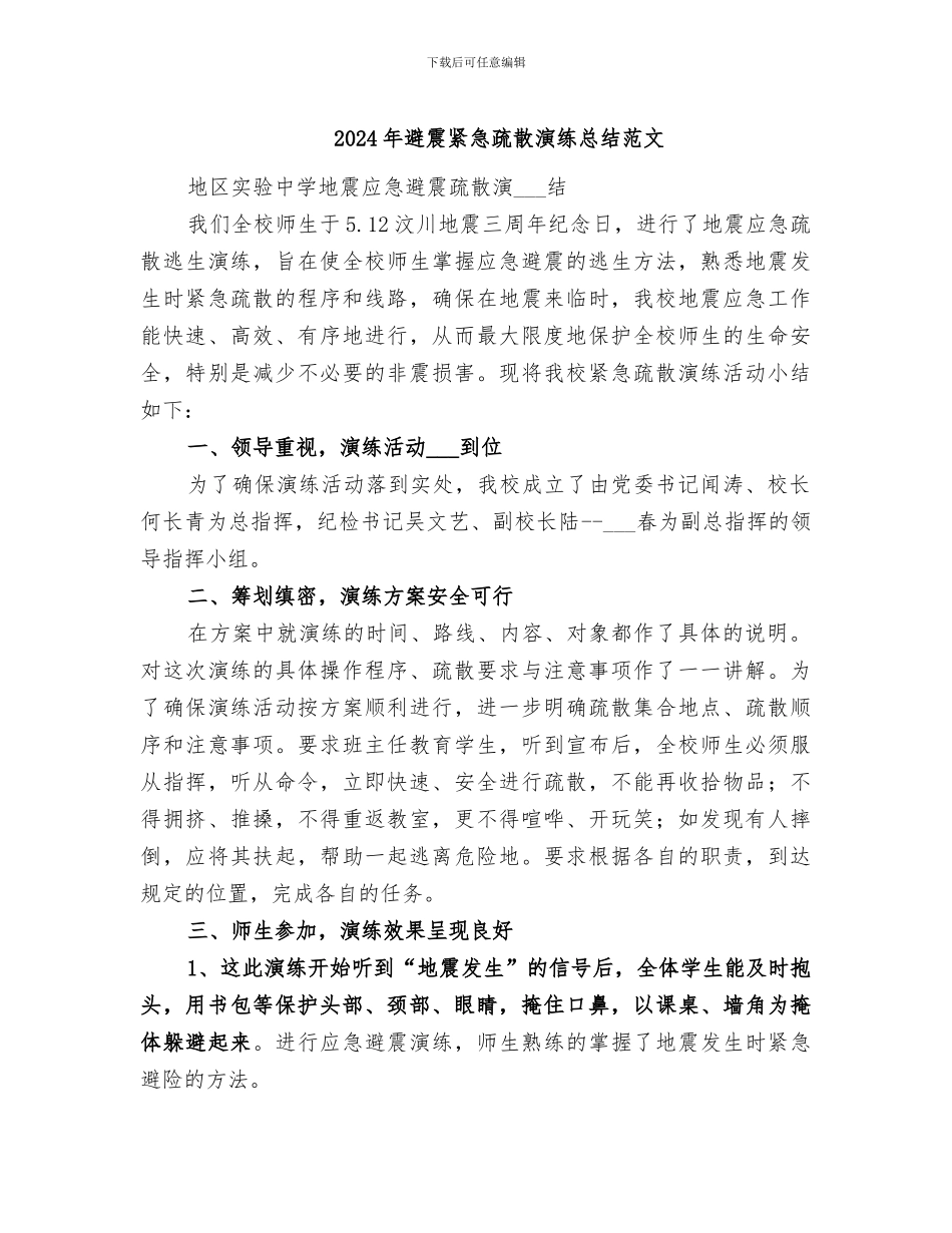 2024年避震紧急疏散演练总结范文_第1页
