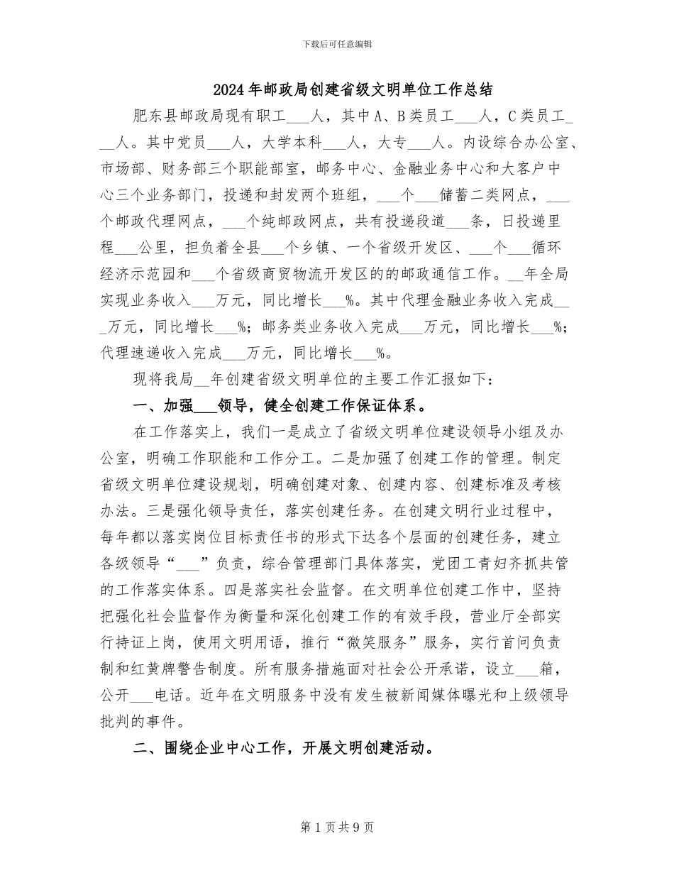2024年邮政局创建省级文明单位工作总结_第1页