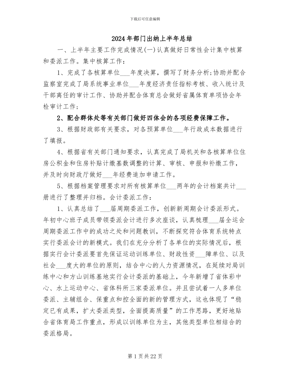 2024年部门出纳上半年总结_第1页