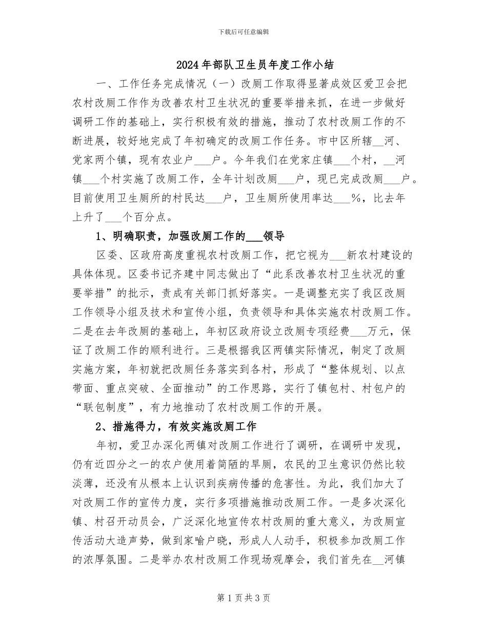 2024年部队卫生员年度工作小结_第1页