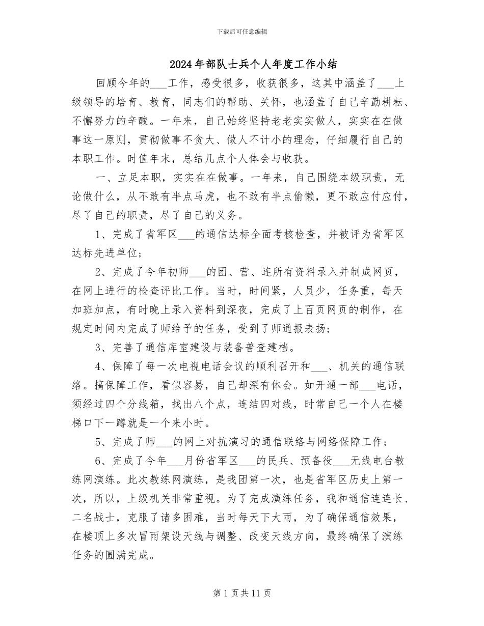 2024年部队士兵个人年度工作小结_第1页
