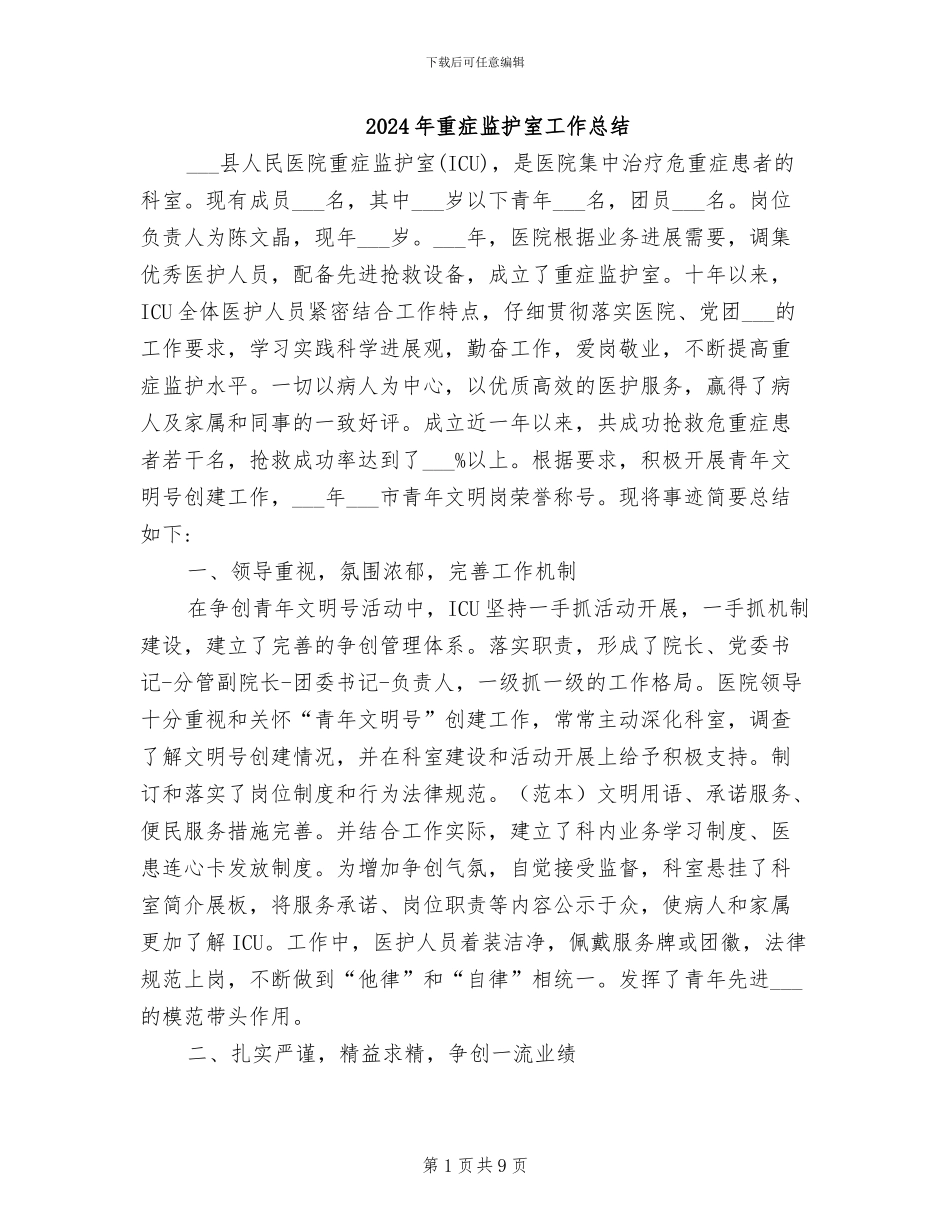 2024年重症监护室工作总结_第1页