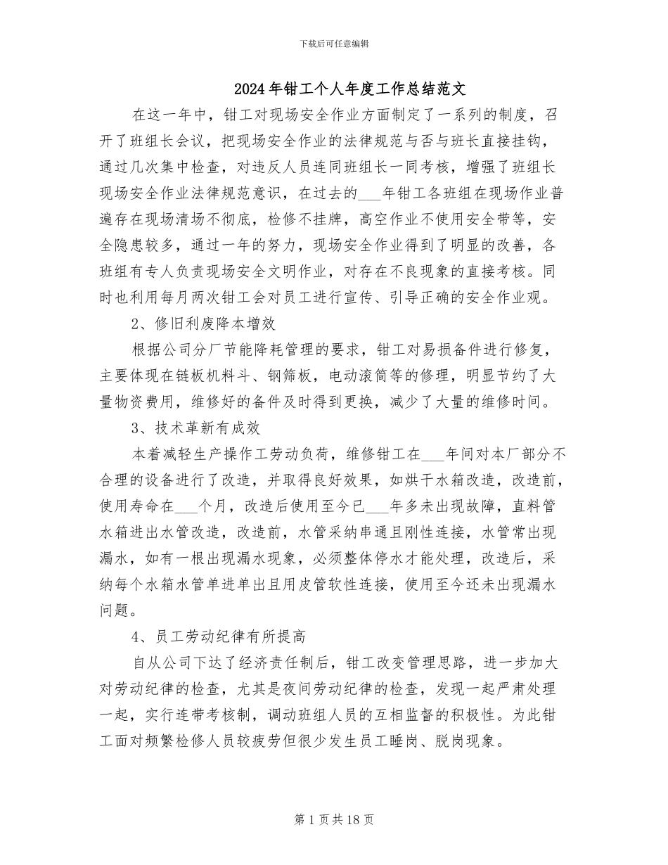 2024年钳工个人年度工作总结范文_第1页