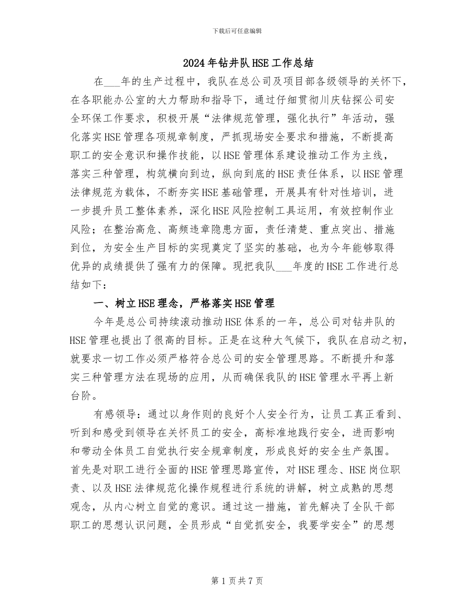 2024年钻井队HSE工作总结_第1页