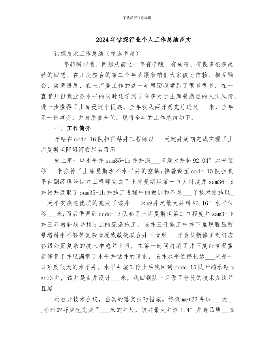 2024年钻探行业个人工作总结范文_第1页