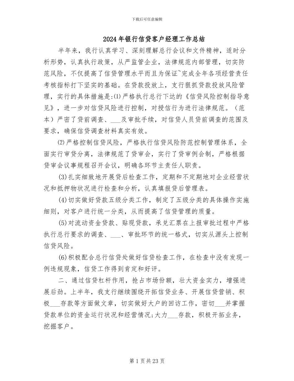 2024年银行信贷客户经理工作总结_第1页