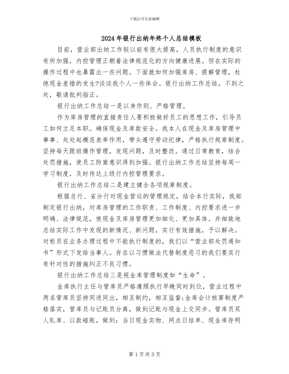 2024年银行出纳年终个人总结模板_第1页