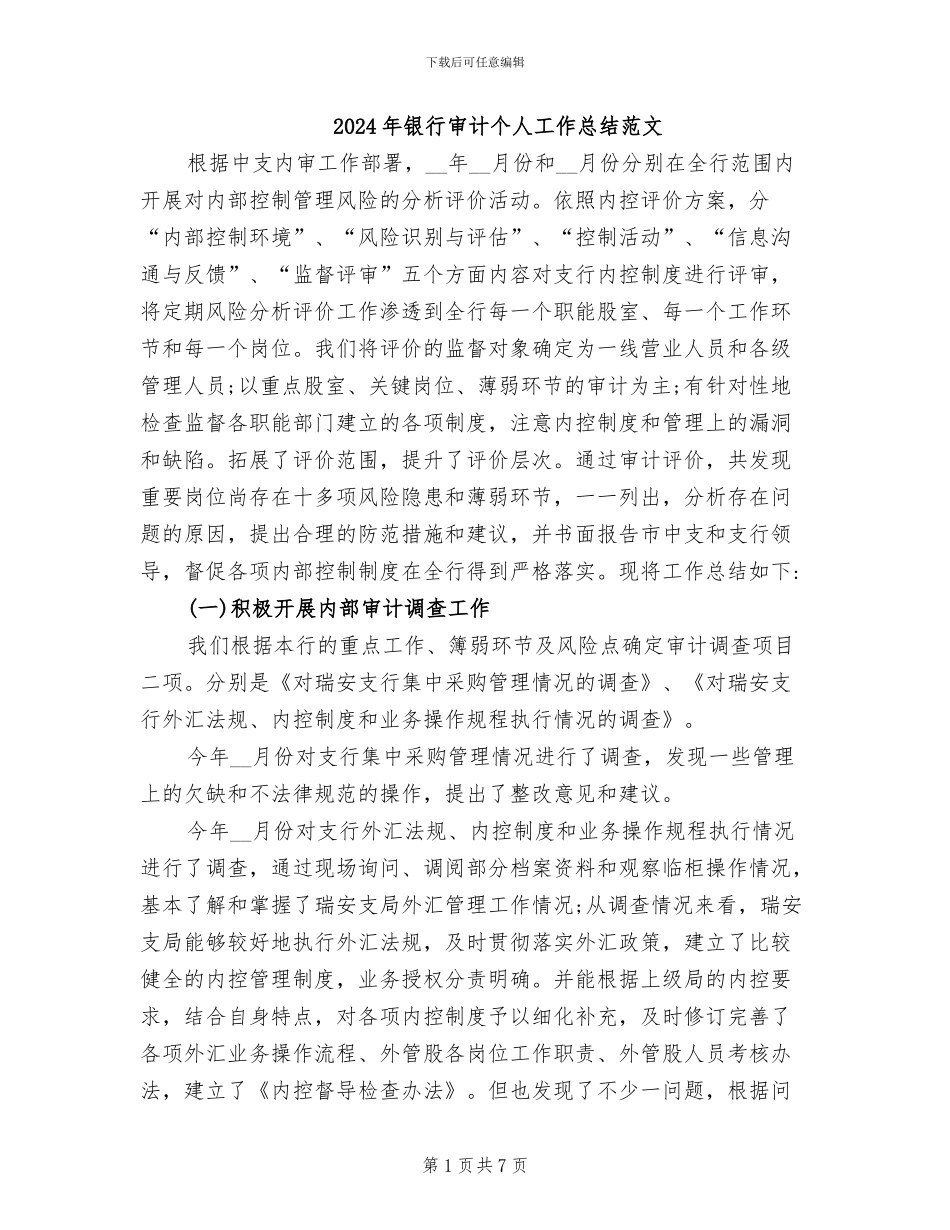 2024年银行审计个人工作总结范文_第1页
