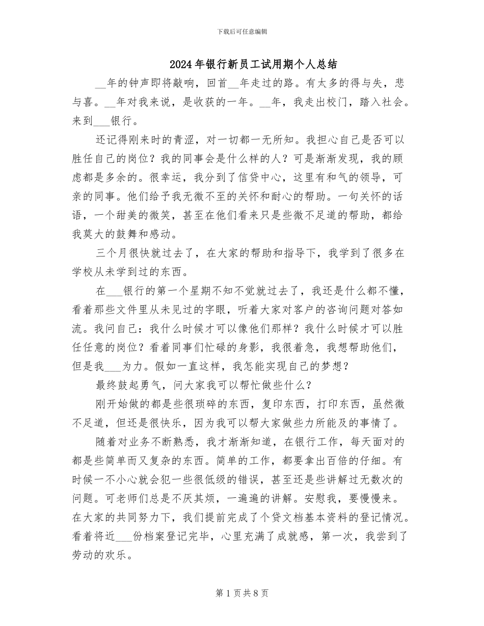 2024年银行新员工试用期个人总结_第1页
