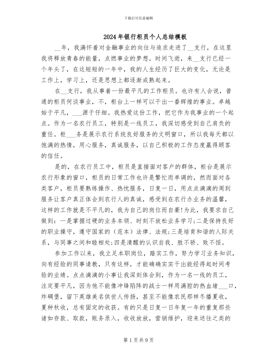 2024年银行柜员个人总结模板_第1页
