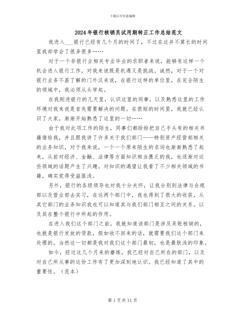 2024年银行核销员试用期转正工作总结范文_第1页