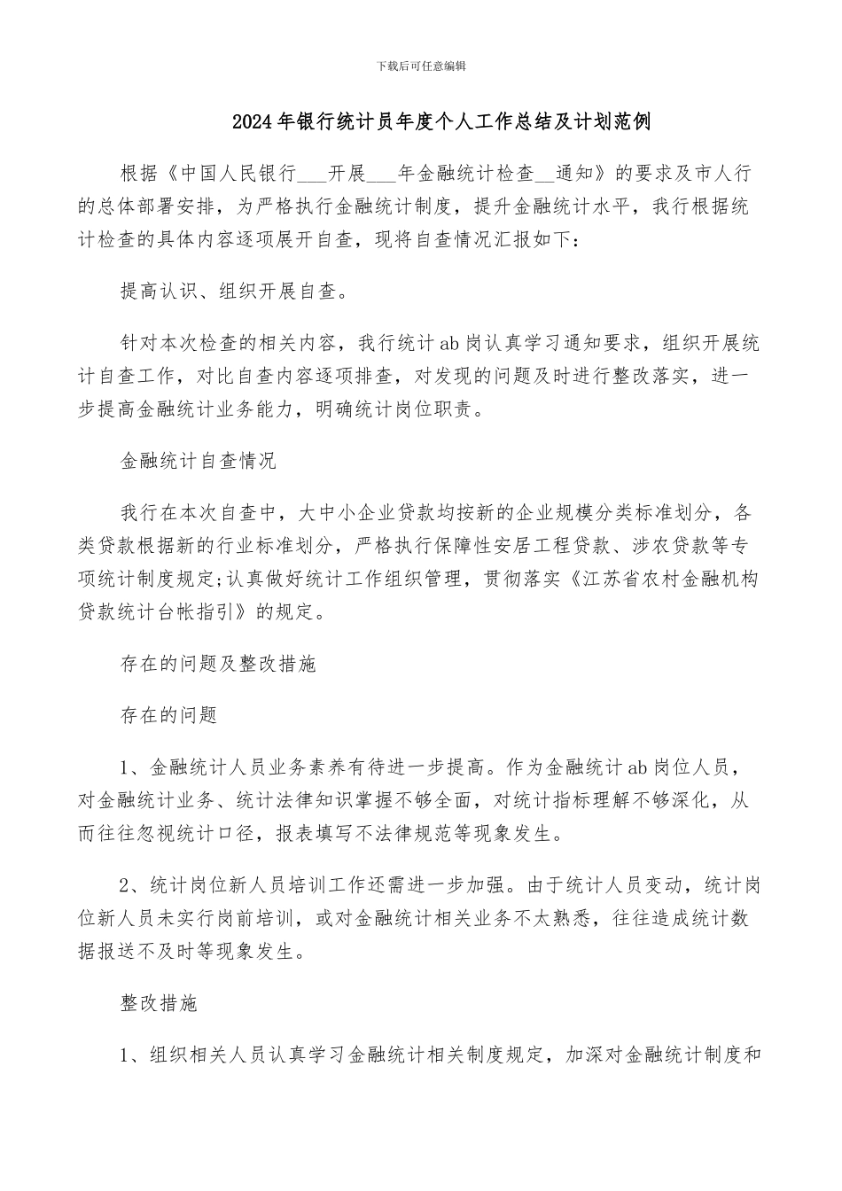 2024年银行统计员年度个人工作总结及计划范例_第1页