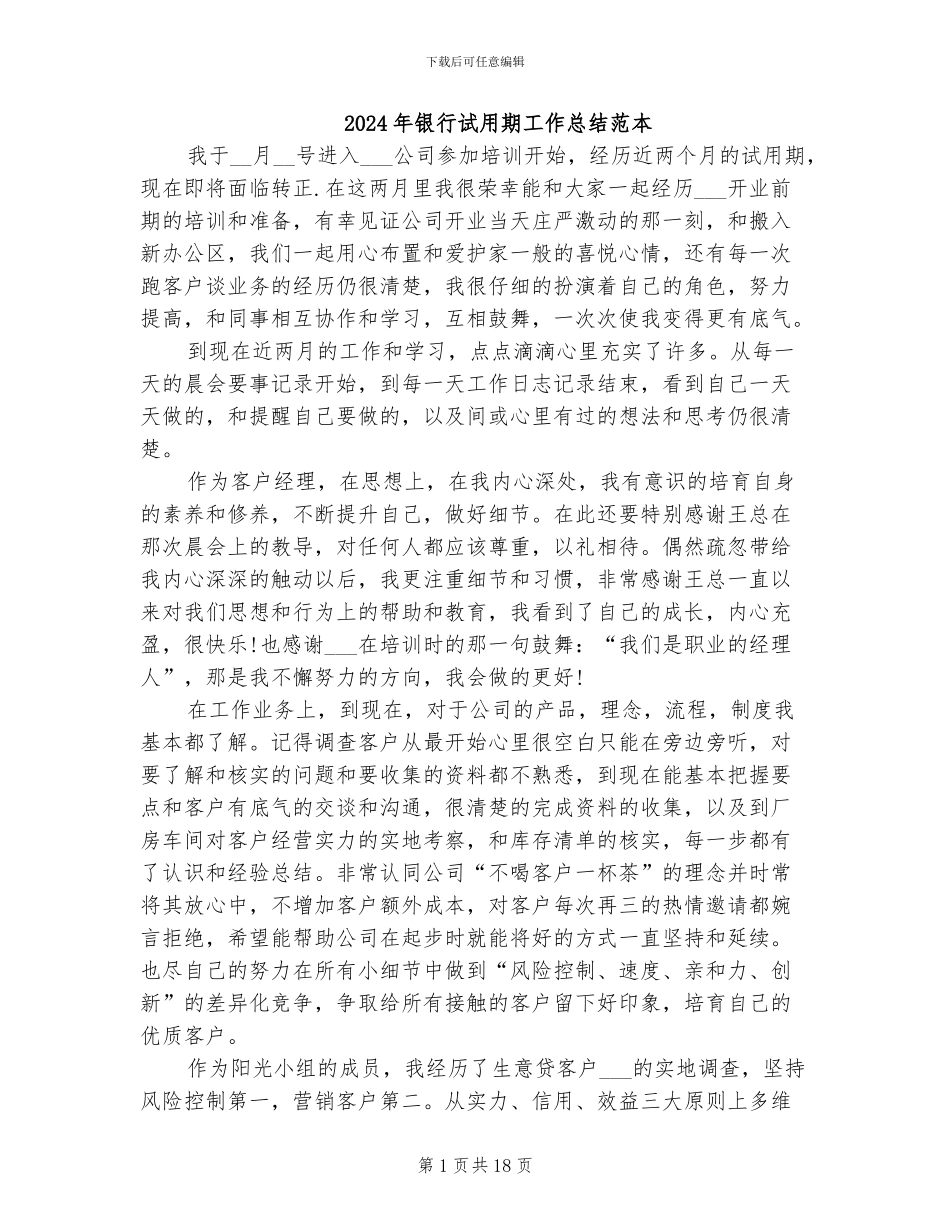 2024年银行试用期工作总结范本_第1页