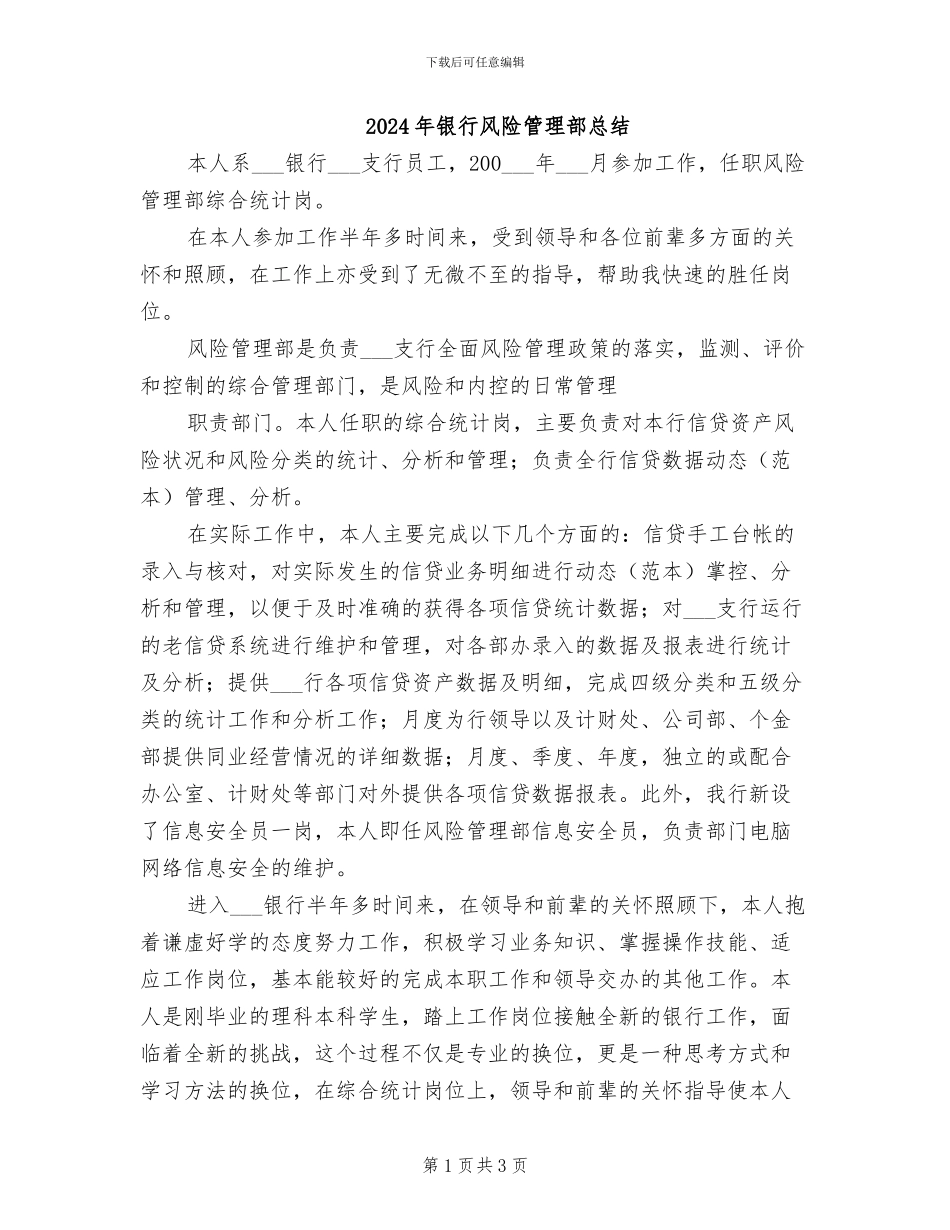 2024年银行风险管理部总结_第1页