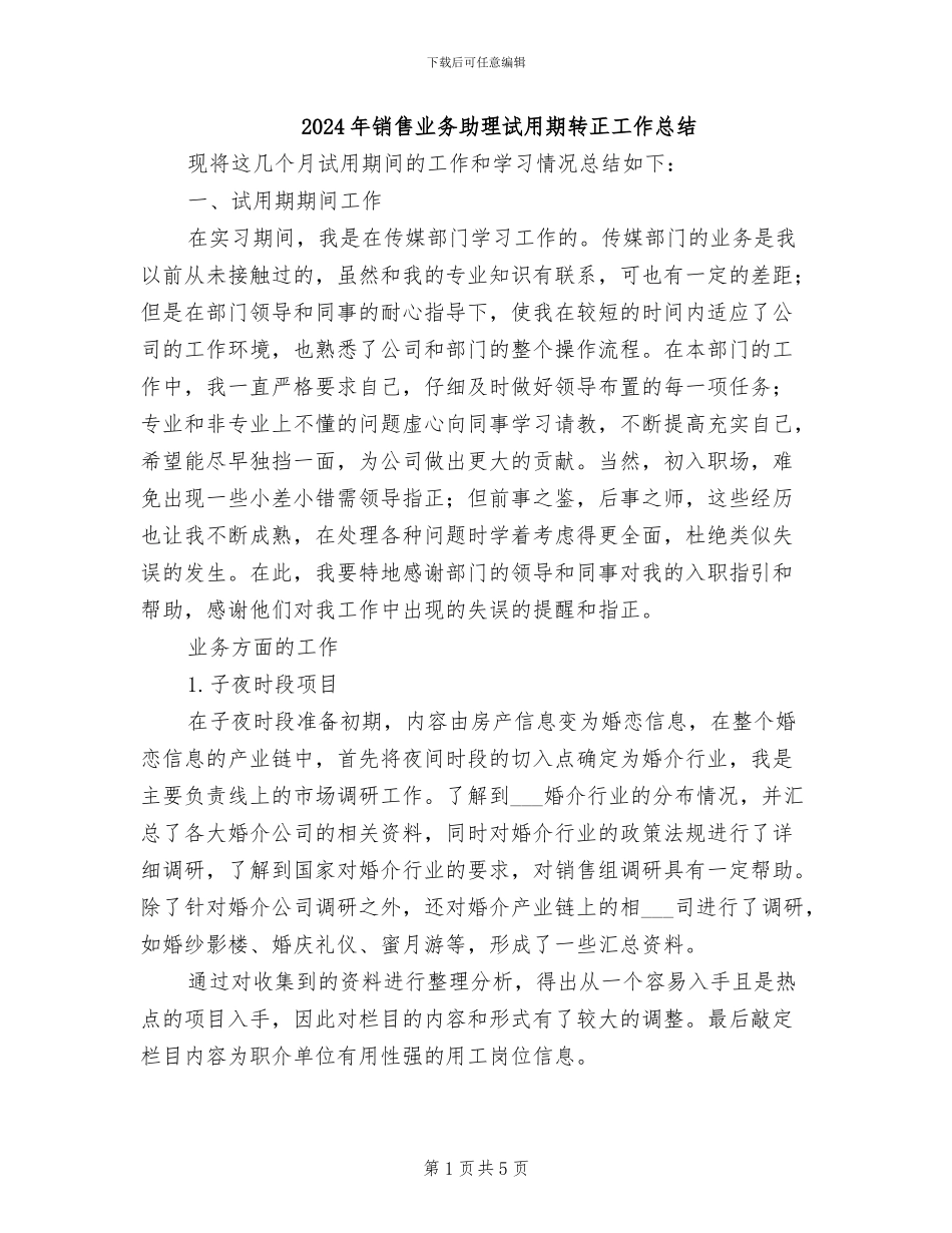 2024年销售业务助理试用期转正工作总结_第1页