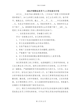 2024年销售业务员个人工作总结与计划