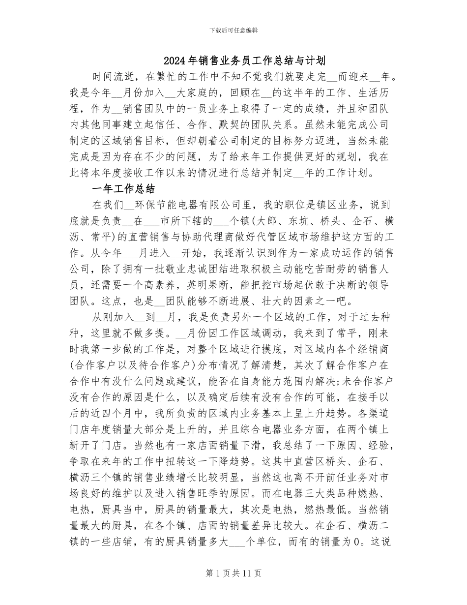 2024年销售业务员工作总结与计划_第1页